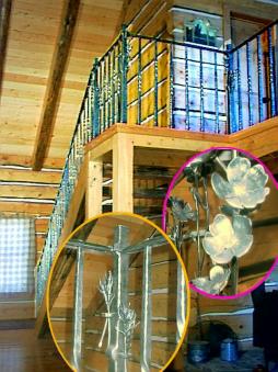 completed handrail 
in log house with blowup of details (indian paintbrush and wild roses).